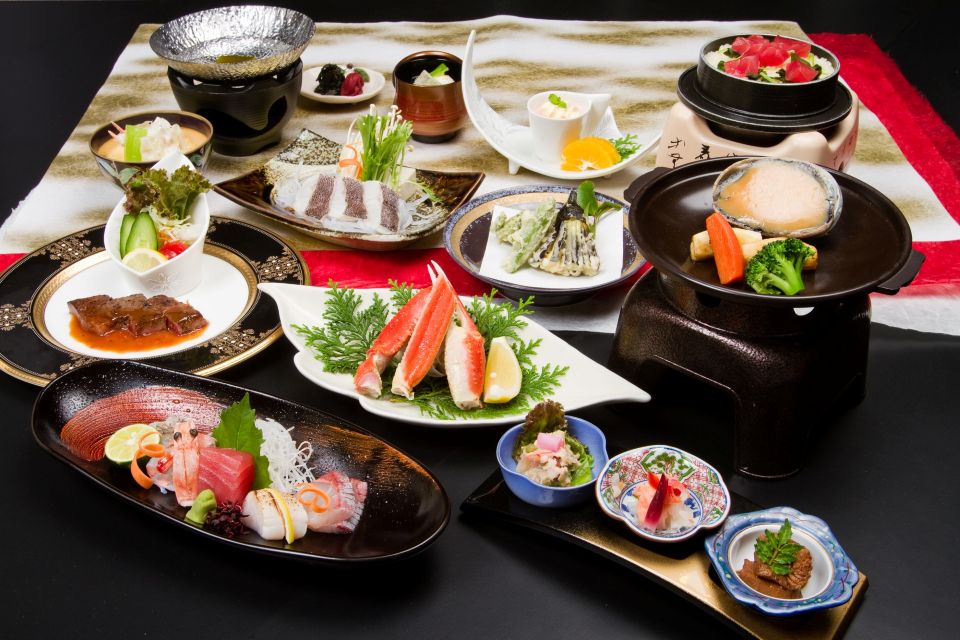 Elegant multi-course kaiseki meal with assorted seasonal dishes beautifully arranged