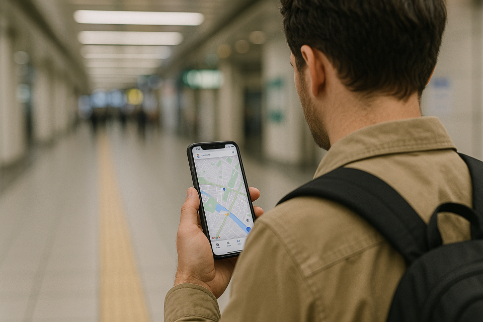 A foreign traveler using Google Maps at a train station in Japan