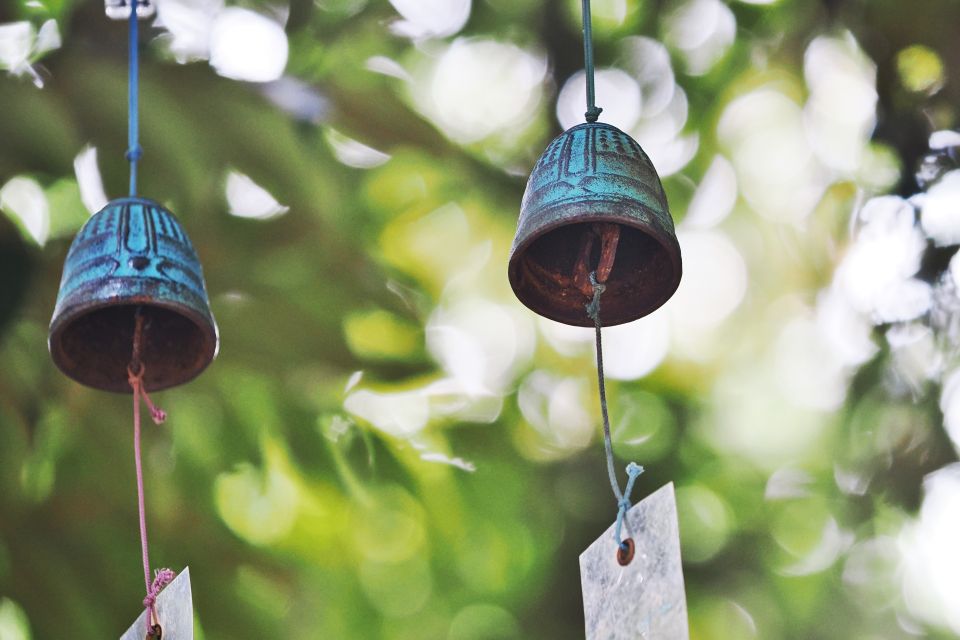 Traditional Nambu iron wind chimes displayed outdoors in Iwate