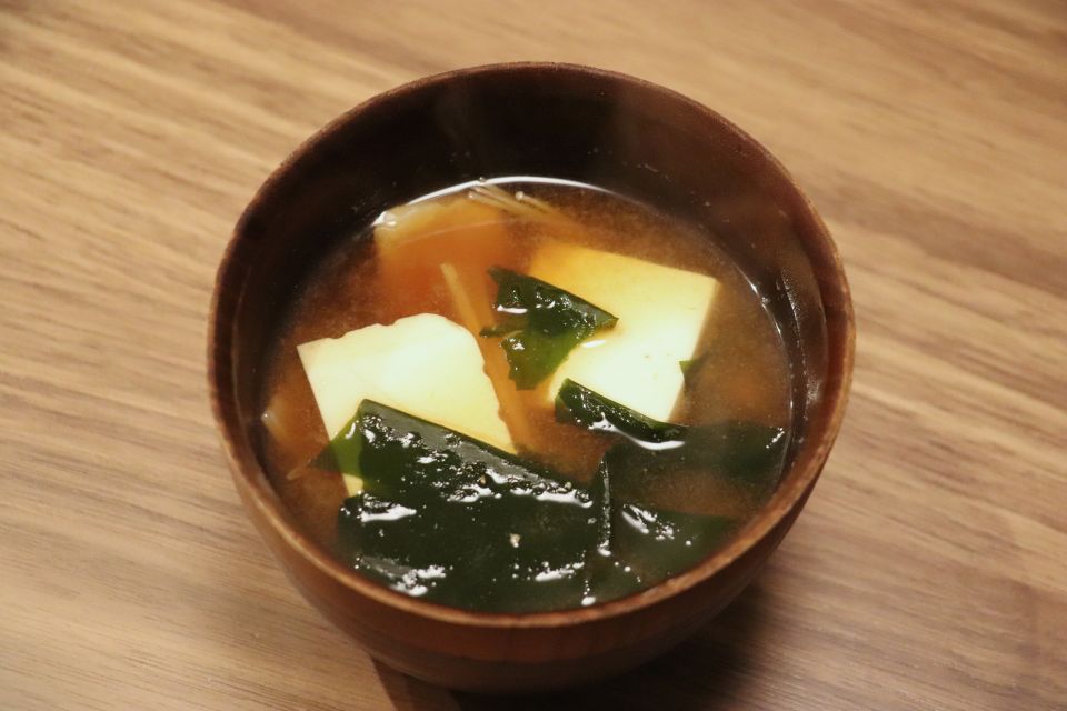 Bowl of traditional Japanese miso soup with tofu and seaweed