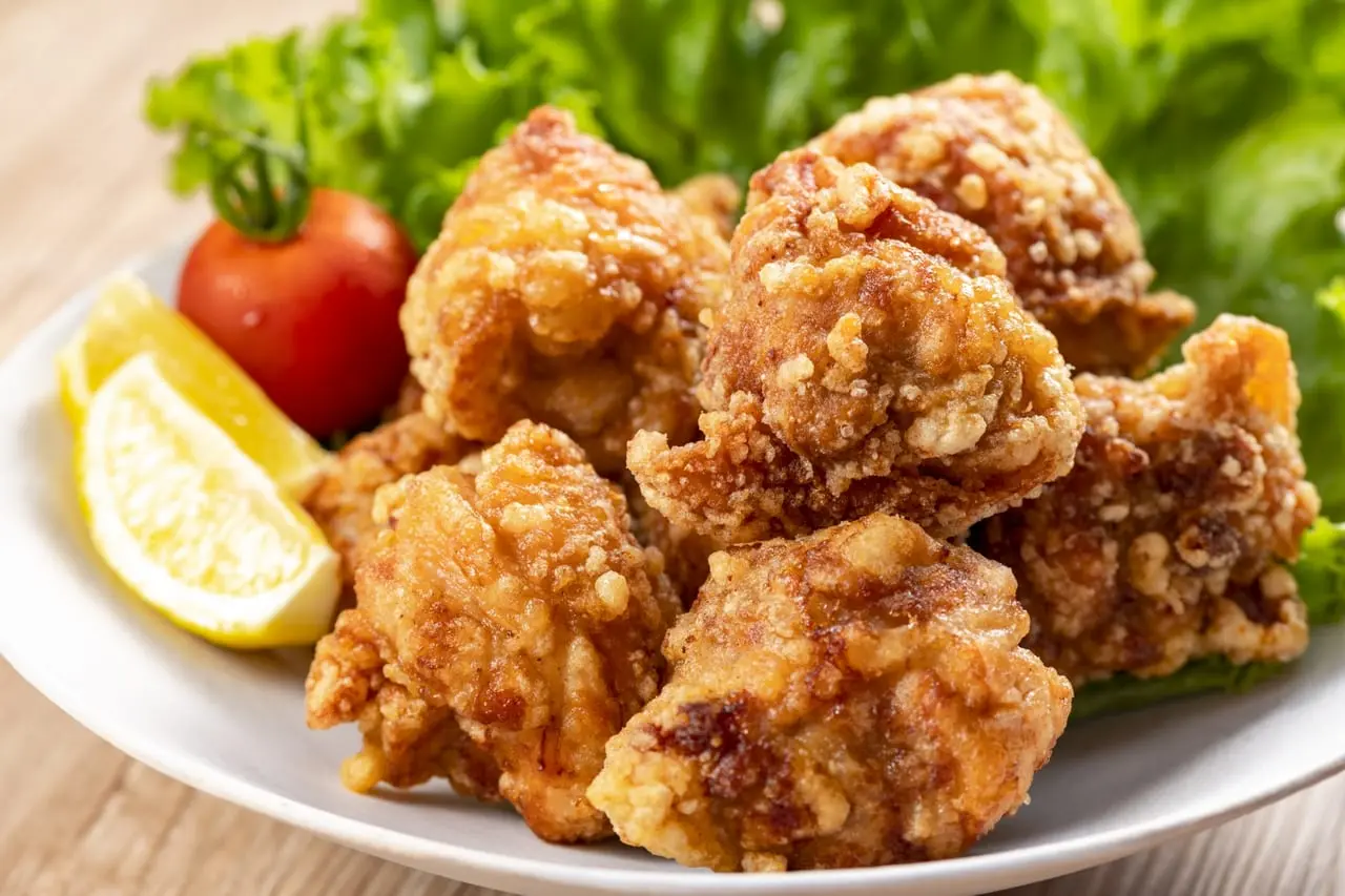 Japanese fried chicken karaage served with lemon