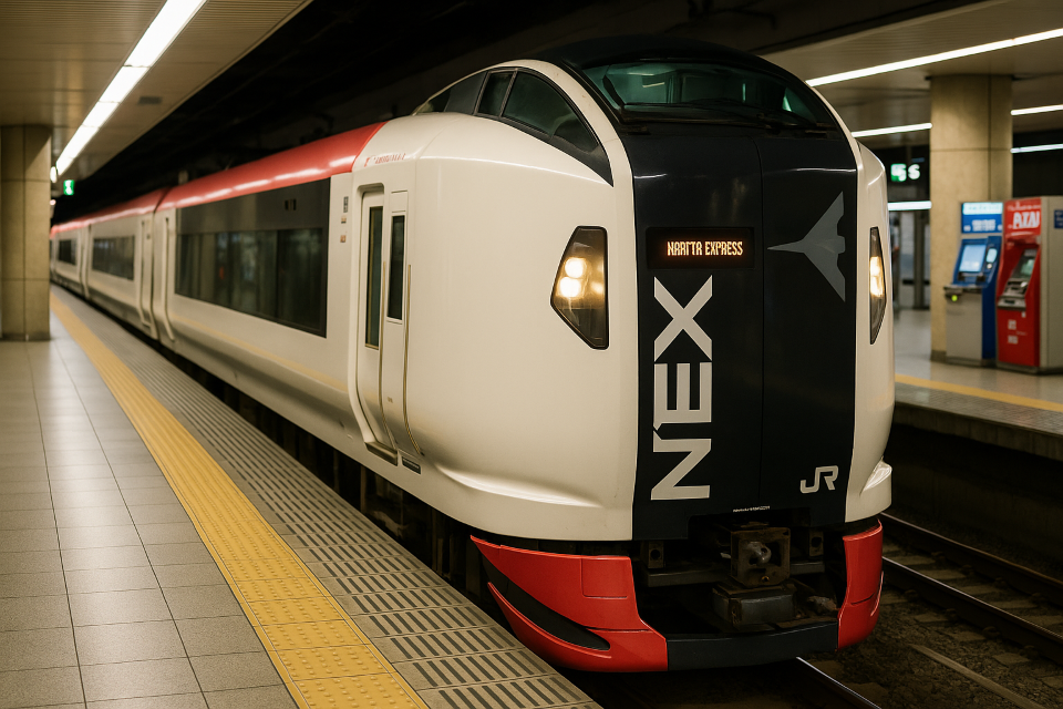Narita Express train at platform ready to depart for Tokyo city center