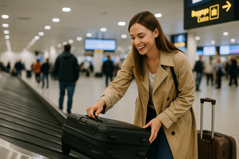Passengers picking up suitcases and proceeding through customs at Japanese airport
