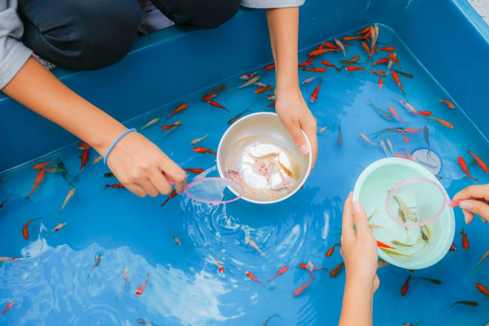 Child playing goldfish scooping game at a festival