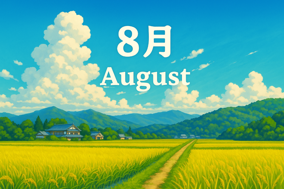 A scenic view of rice fields and mountains in Japan under a summer sky with the text 'August'