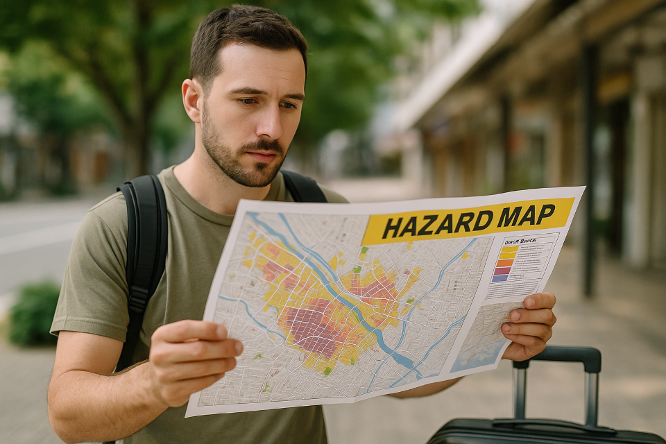 Foreign tourist checking a Japanese hazard map for disaster preparedness