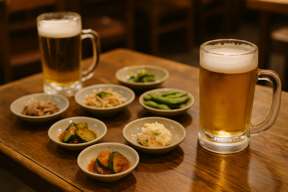Shared izakaya table with various Japanese small plates and beer mugs