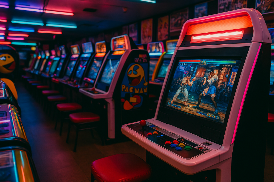 Colorful arcade game center with players in Akihabara
