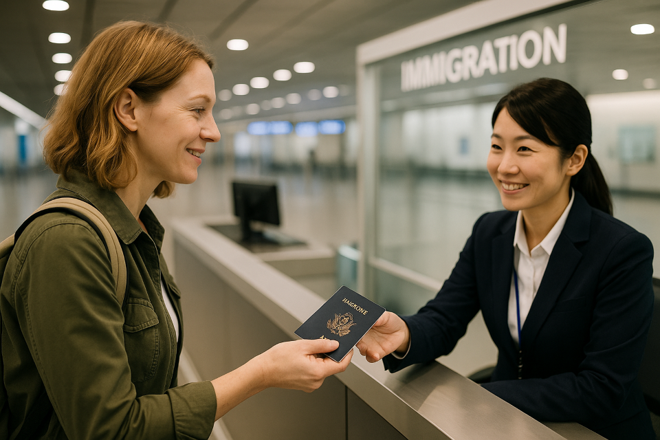 Travelers standing at the immigration booth in a Japanese airport
