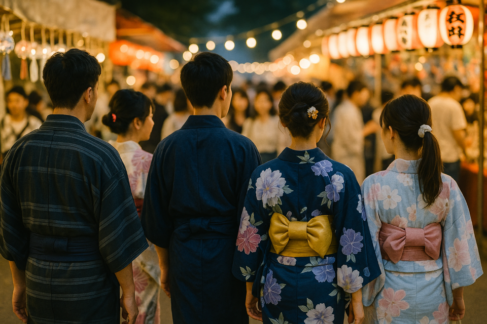 Visitors in yukata enjoying a summer festival in Japan