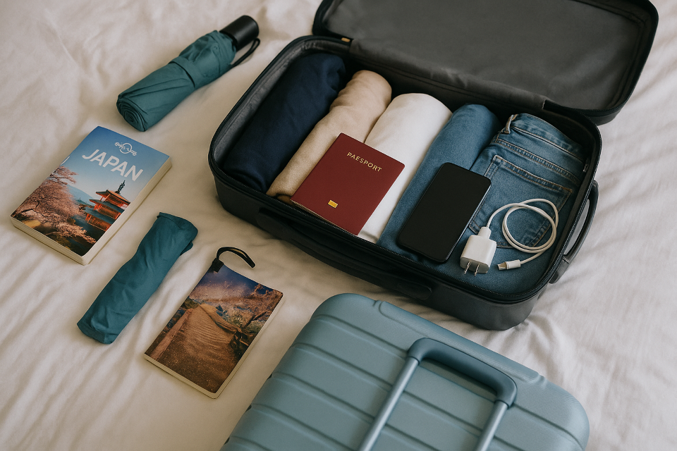 Travel essentials for Japan including passport, yen, smartphone, and travel apps