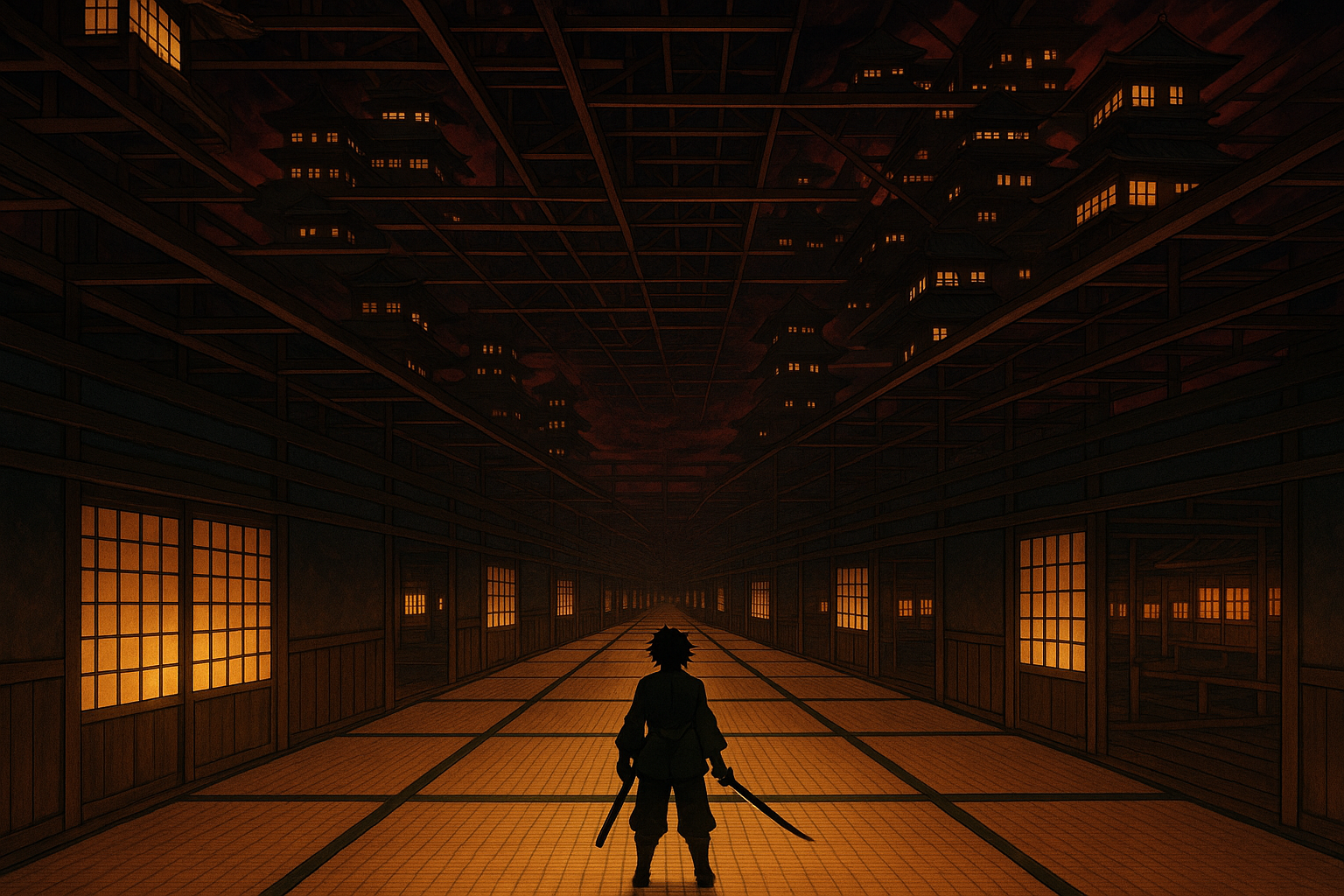A lone swordsman stands in a vast tatami hallway, with glowing Japanese castles suspended in the dark sky above