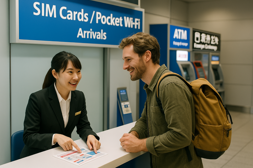 Traveler purchasing SIM card at airport counter with nearby ATM and currency exchange machines