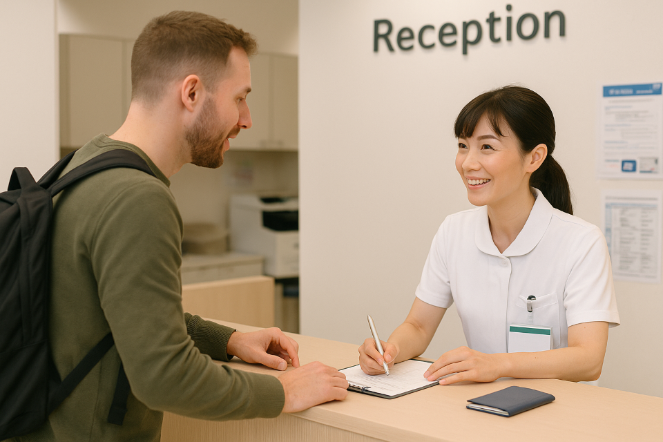 A foreign traveler talking to a nurse at a hospital reception in Japan