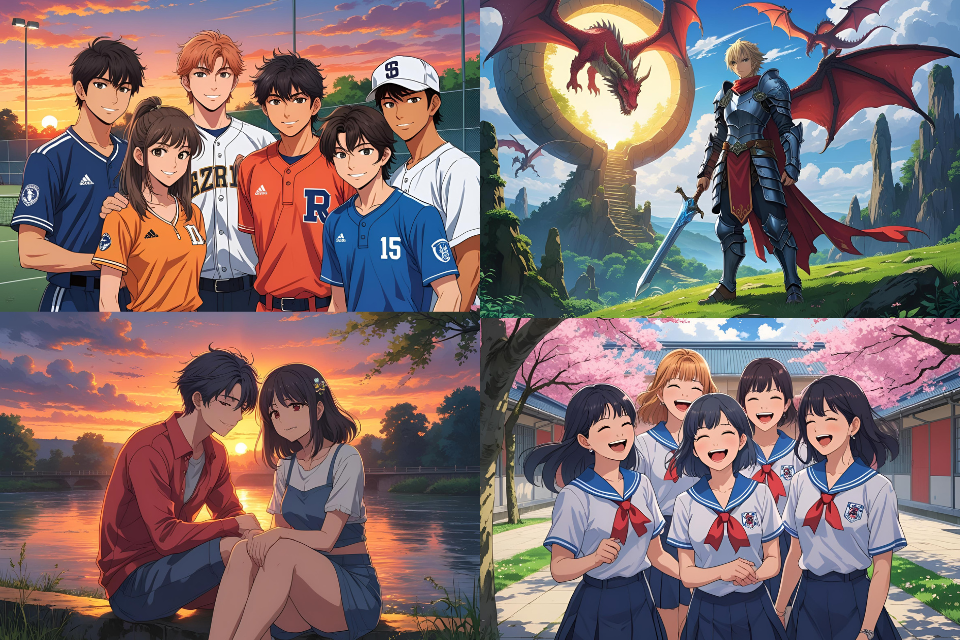 Group of Japanese high school students in sports uniforms, depicted in anime style(スポーツユニフォーム姿の高校生たちを描いたアニメ風イラスト)