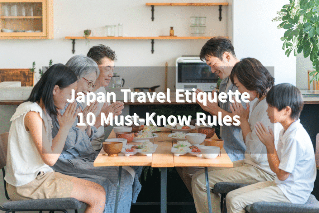 "Japanese family saying 'Itadakimasu' before a meal, symbolizing Japan travel etiquette and cultural manners."