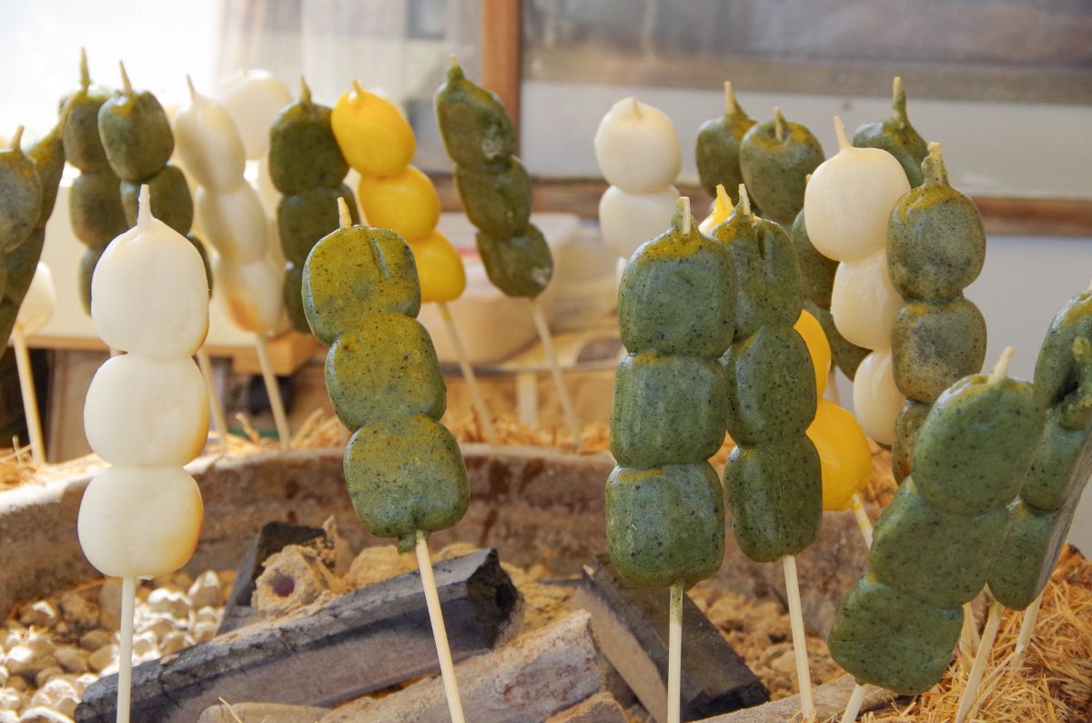 Traditional skewered Japanese sweets as omiyage